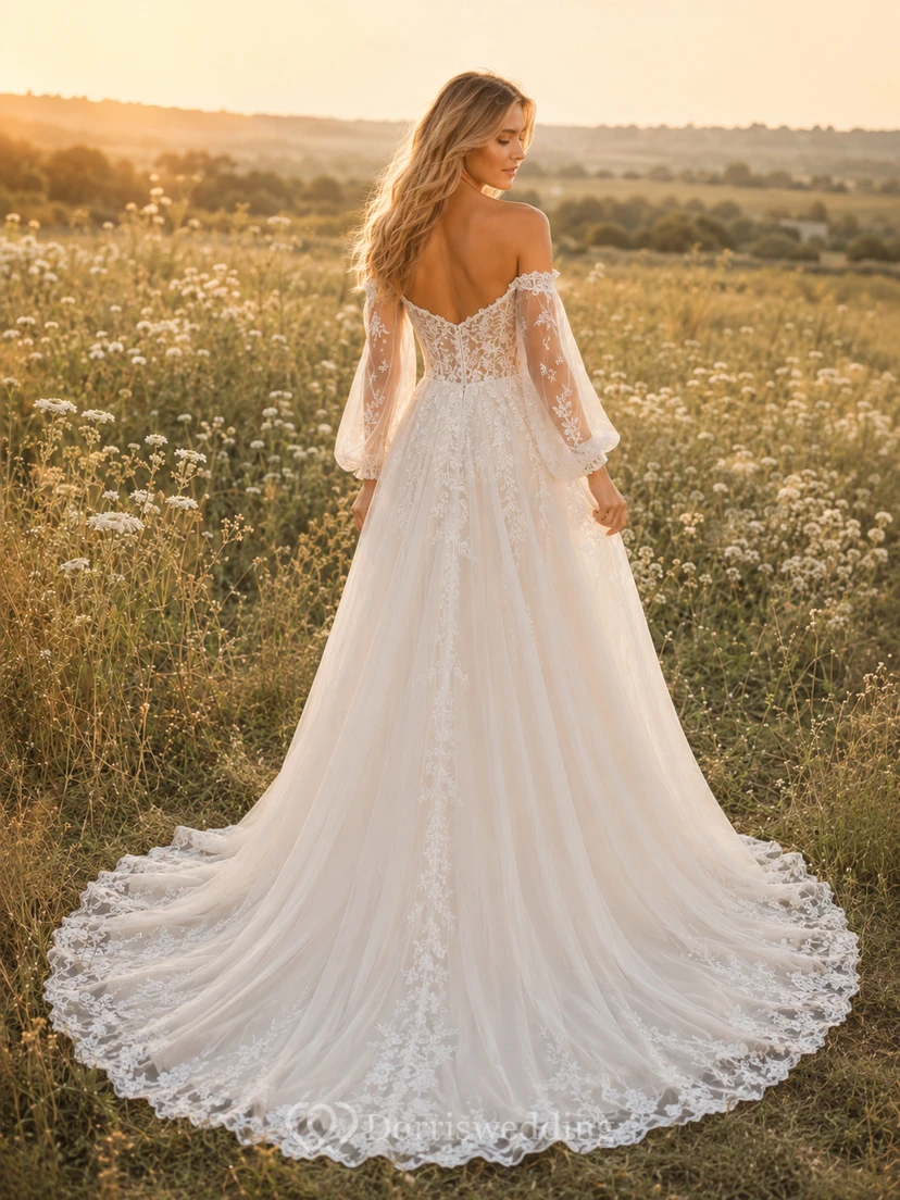 Brautkleid aus Spitze und Tüll, A-Linie, schulterfrei, lange Ärmel, Kapellenschleppe view 2
