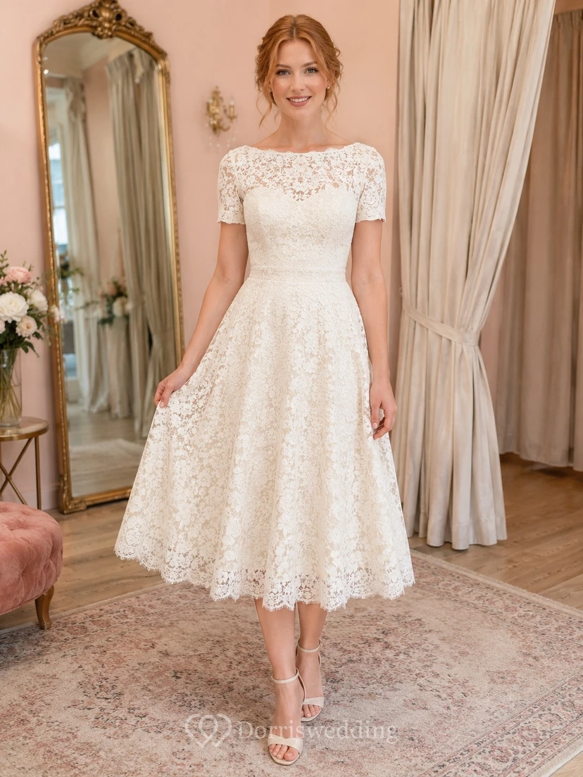 Robe de soirée ivoire en dentelle, manches courtes, coupe trapèze, longueur thé