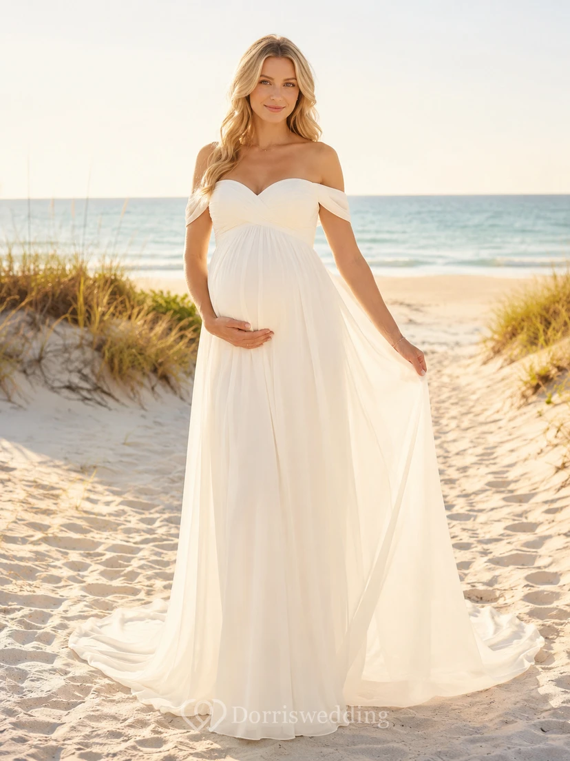 Vestido de novia premamá con hombros descubiertos, sencillo, corte en A, ideal para la playa, con cola fluida.