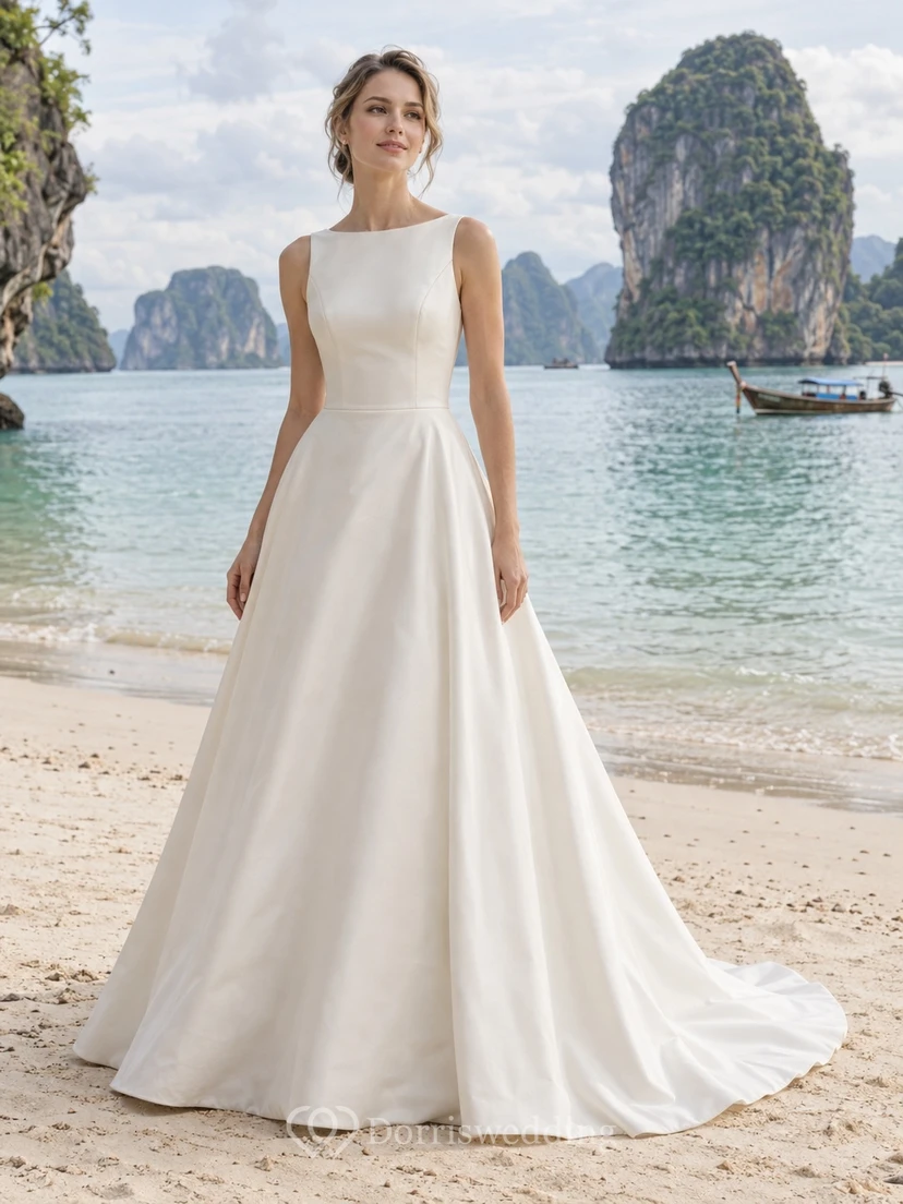 Schlichtes, ärmelloses Brautkleid aus Satin mit U-Boot-Ausschnitt und A-Linien-Schleppe
