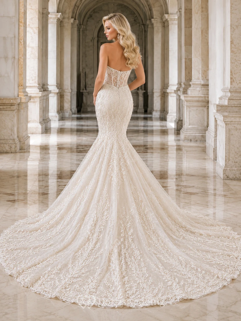 Trägerloses Brautkleid mit Herzausschnitt, Perlenbesatz, Meerjungfrauen-Stil, Illusion-Teppich, Kapellenschleppe view 2