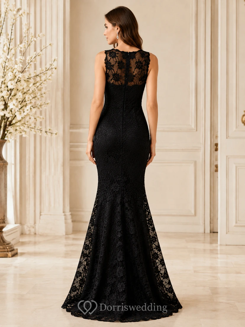 Vestido de noche formal largo hasta el suelo, sin mangas, con escote barco y encaje floral negro, estilo sirena. view 2
