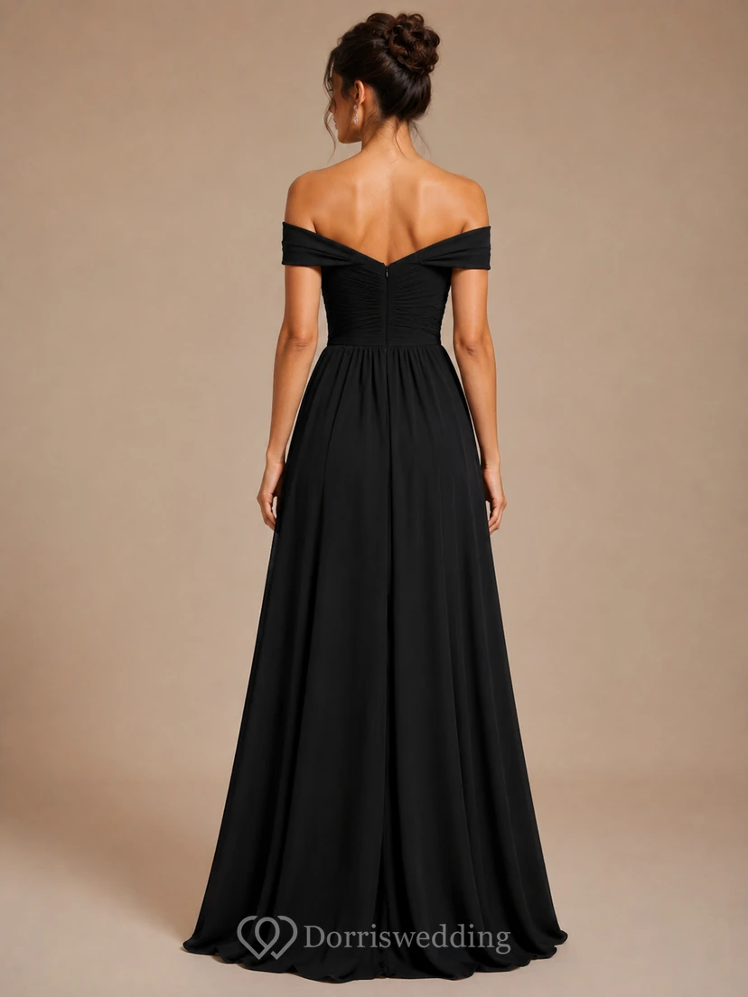 A-Linien-Brautjungfernkleid aus Chiffon mit kurzen Ärmeln, schulterfrei und Falten view 2