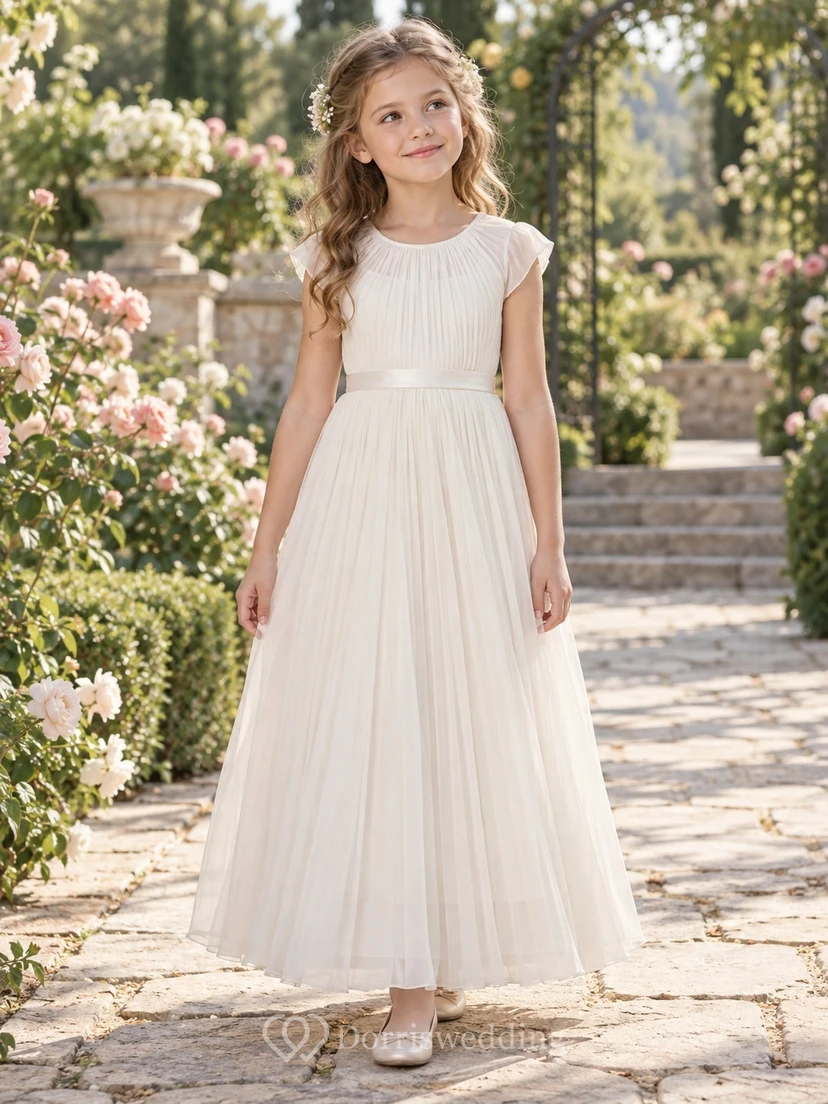 Simple Ivory Jewel Neck Cap Sleeve Pleated Chiffon Flower Girl Dress