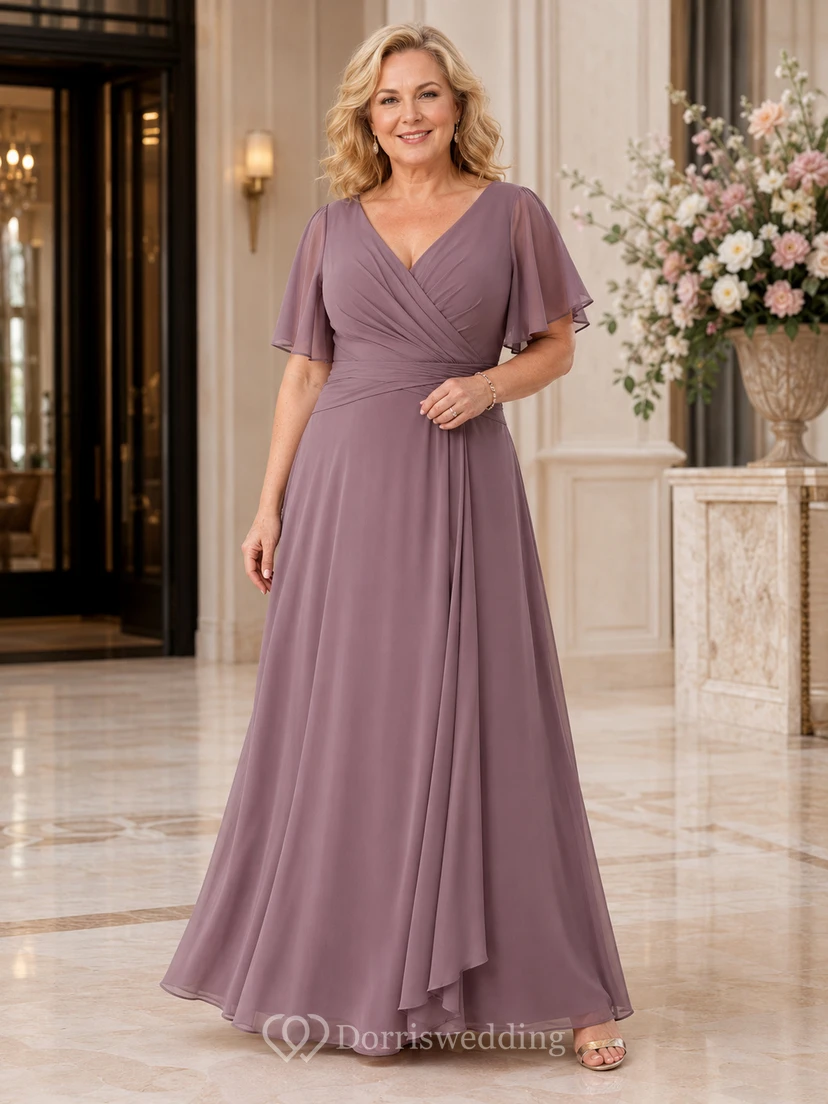 Plus size mauve V neck flutter sleeve chiffon mother gown