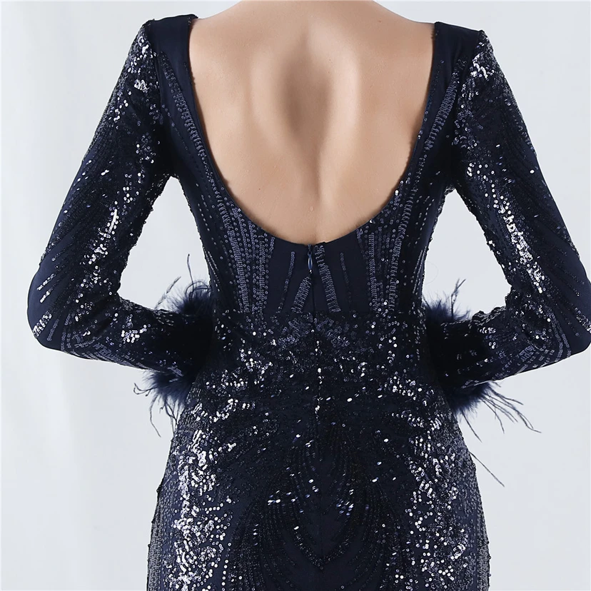Robe de soirée haut de gamme ornée de perles florales fixes et de poils d'autruche, hôte de la réunion annuelle d'hiver view 43