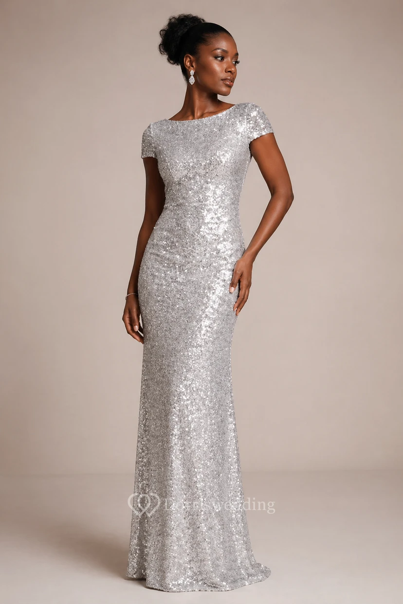 Sequin Gold Bridesmaid Dress | Long Sparkly MOB Glitter Gown with Sleeves view 7