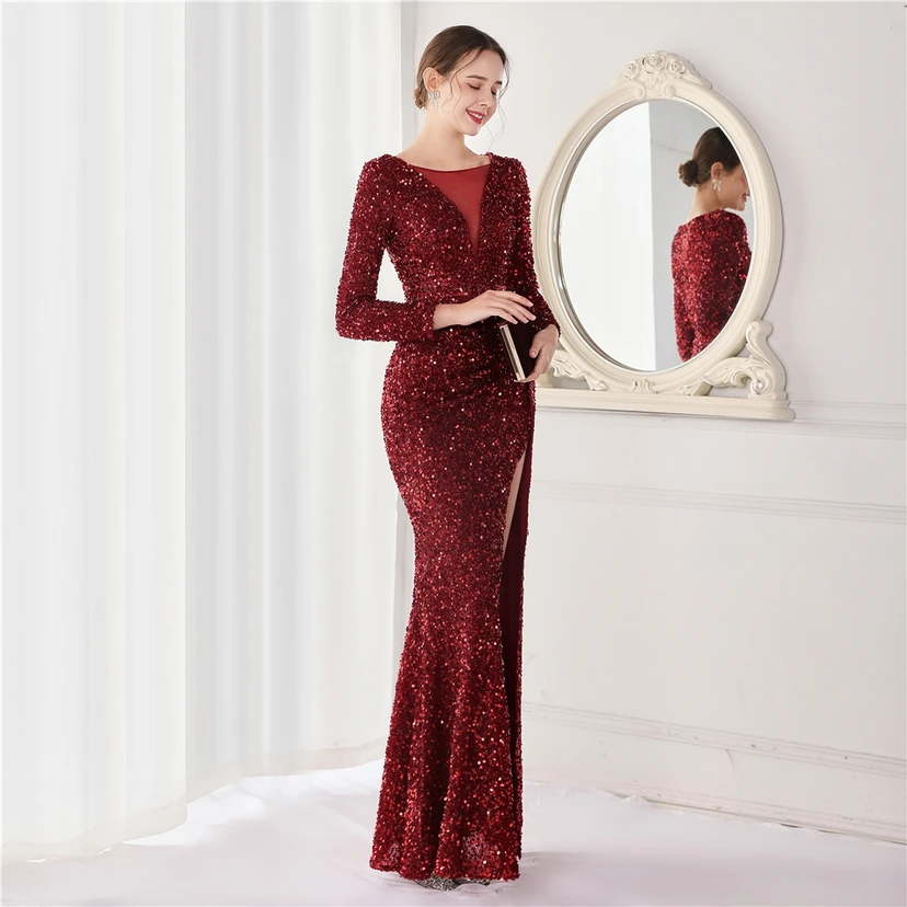 Elegantes, langes Paillettenkleid mit langen Ärmeln und Meerjungfrauenschnitt – ein Abendkleid im Aura-Queen-Stil für festliche Anlässe. view 4
