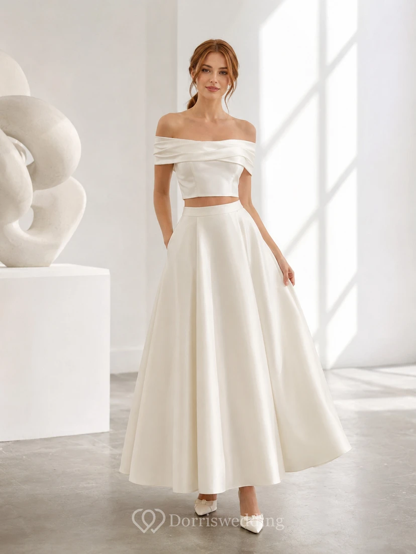 Robe de mariée deux pièces en satin à épaules dénudées, longueur thé, coupe trapèze