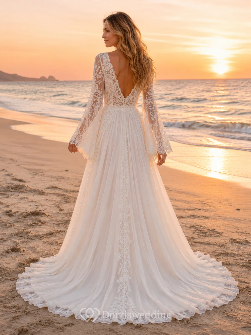 Boho Bell Sleeve Lace Beach Chapel Wedding Dress view 2