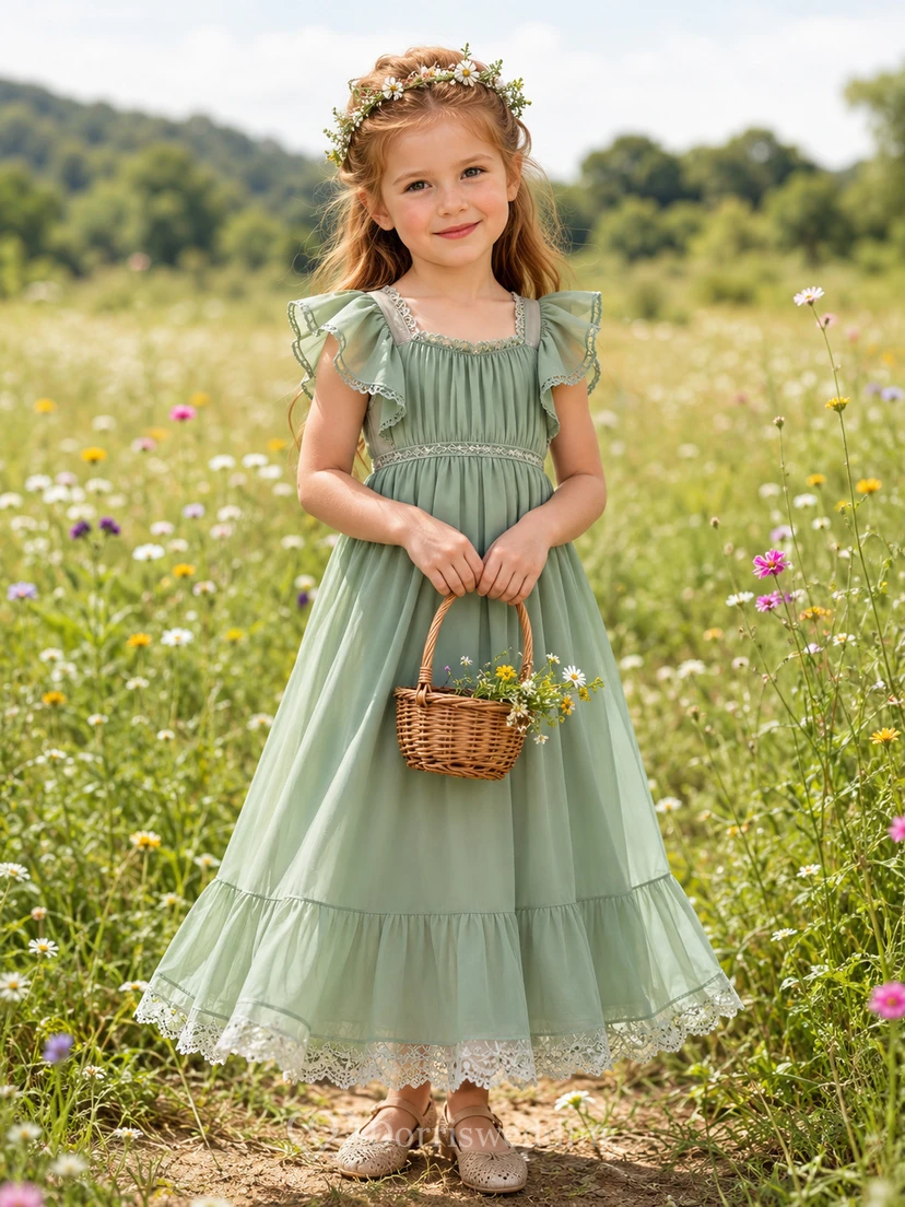 Blumenmädchenkleid aus salbeifarbenem Tüll in A-Linie mit Rundhalsausschnitt und knielanger Silhouette, verziert mit einer Schärpe
