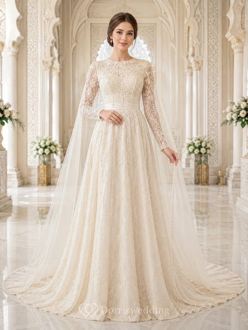 Robe de mariée romantique en dentelle, coupe trapèze, traîne, manches longues et col montant illusion modeste