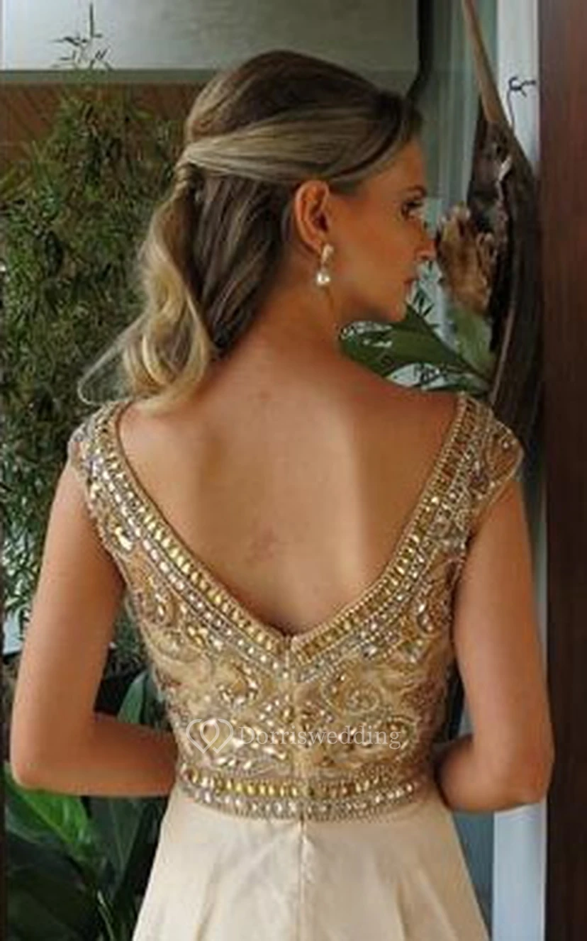 Cap Scoop-neck Empire A-line Chiffon Beaded Pearl Pink Evening Prom Dress view 2