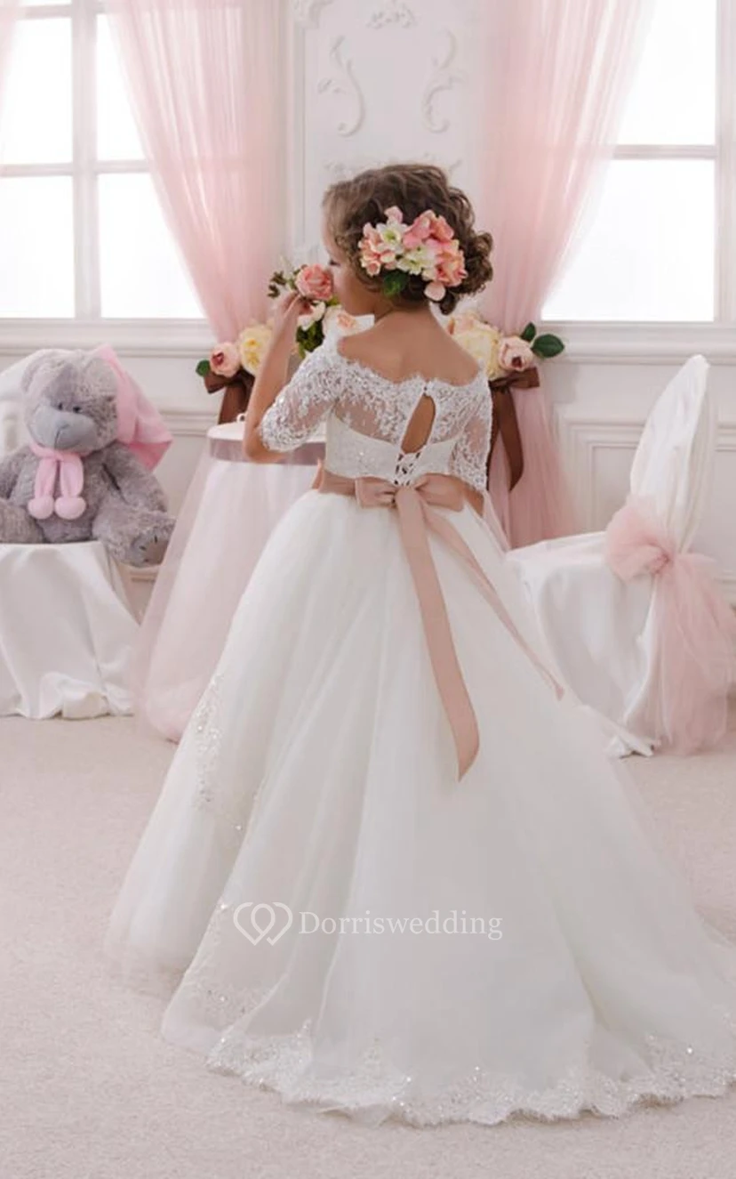 Flower Girl Off-the-shoulder Empire Tulle Ball Gown With Sash view 2