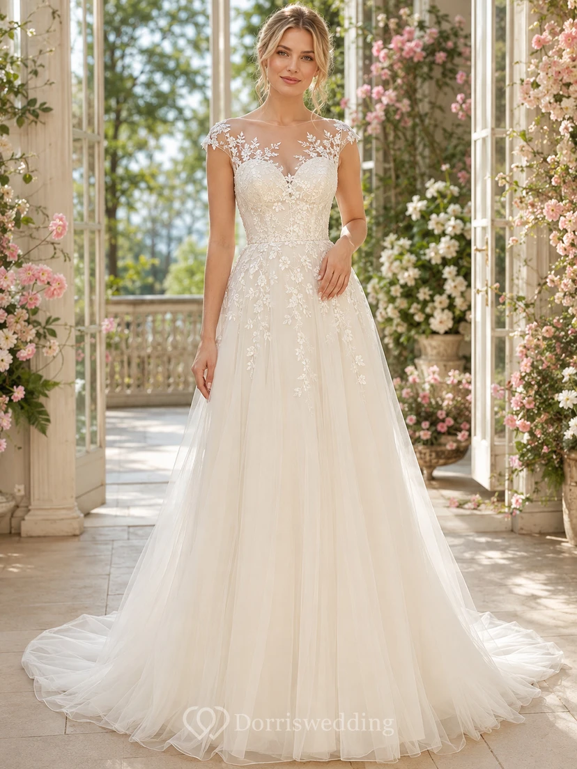 Robe de mariée en dentelle et tulle, coupe trapèze, col en V, manches courtes, traîne.