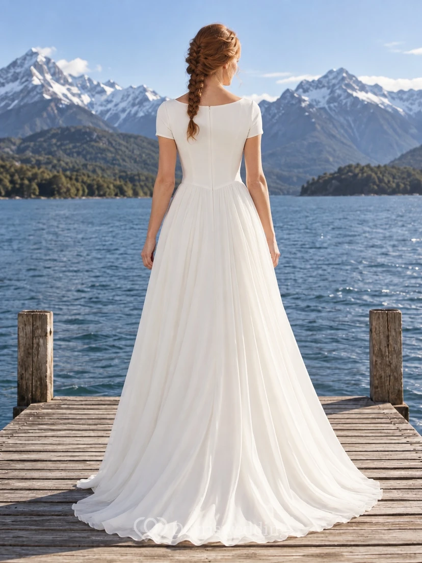 Vestido de novia de gasa de corte A con escote barco, mangas cortas y cintura puntiaguda. view 2