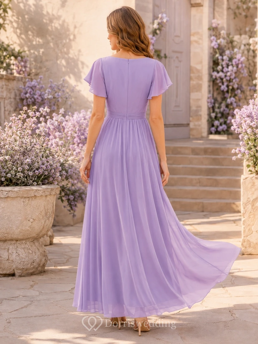Formal Modest V-neck Flutter Sleeve Chiffon Floor-length Bridesmaid Dress view 2