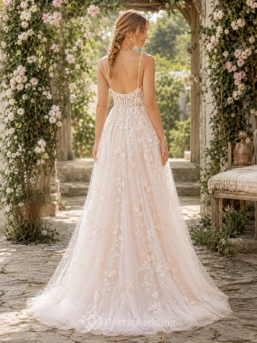 Boho Spaghetti Floral Applique Tulle A-Line Floor-Length Vow Renewal Dress view 2