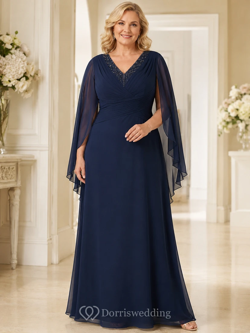 Dunkelblaues, elegantes Mutterkleid in Übergröße mit Perlenbesatz, V-Ausschnitt, langen Cape-Ärmeln und A-Linien-Schnitt, bodenlang