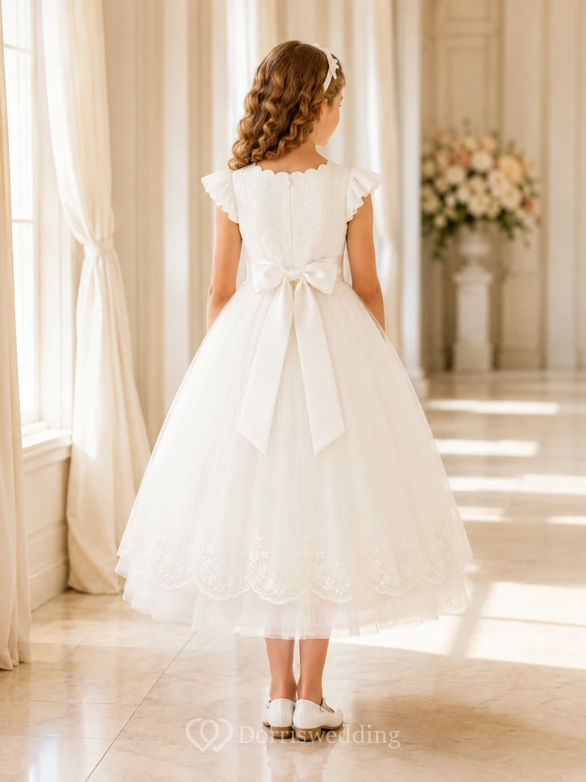 Vestido de fiesta de comunión blanco con escote corazón, mangas cortas y encaje de tul. view 2
