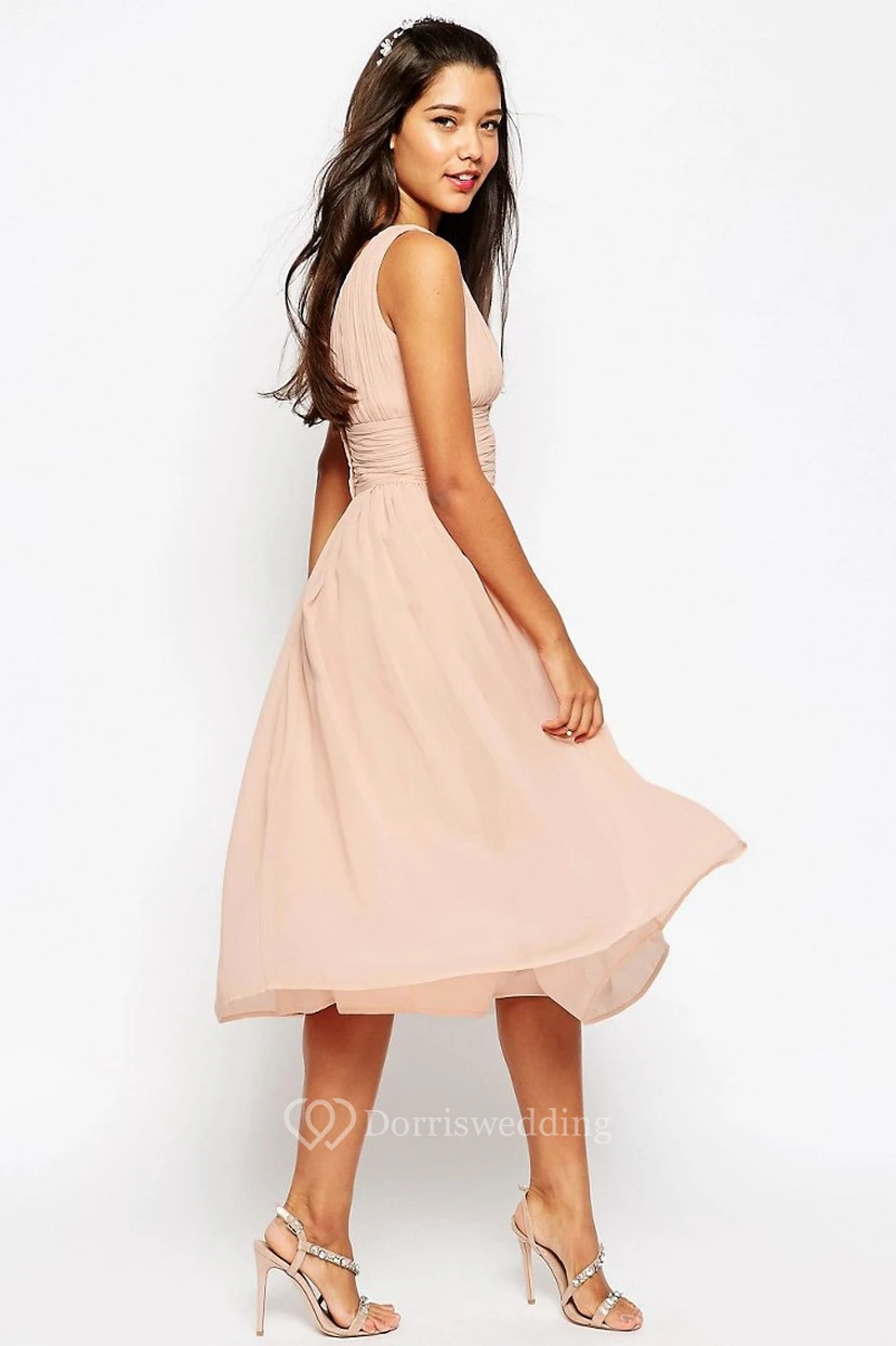 Tea-Length One-Shoulder Criss-Cross Sleeveless Chiffon Bridesmaid Dress view 3