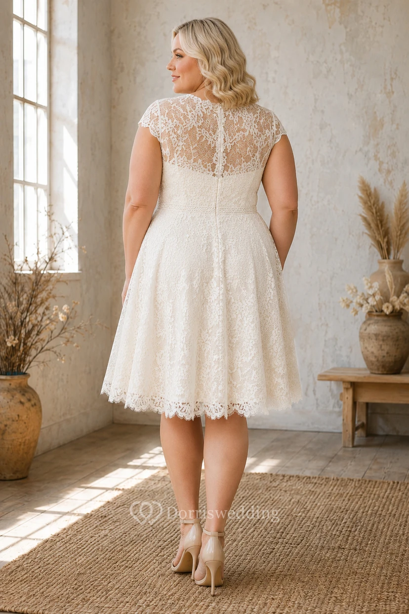 Robe de mariée grande taille en dentelle, manches courtes, longueur thé, jupe ample view 2