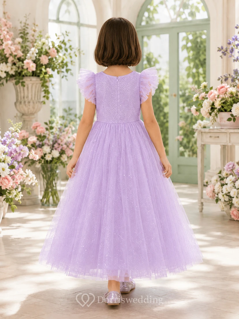 Robe de demoiselle d'honneur en dentelle lavande et tulle, coupe trapèze, col rond, longueur thé view 2