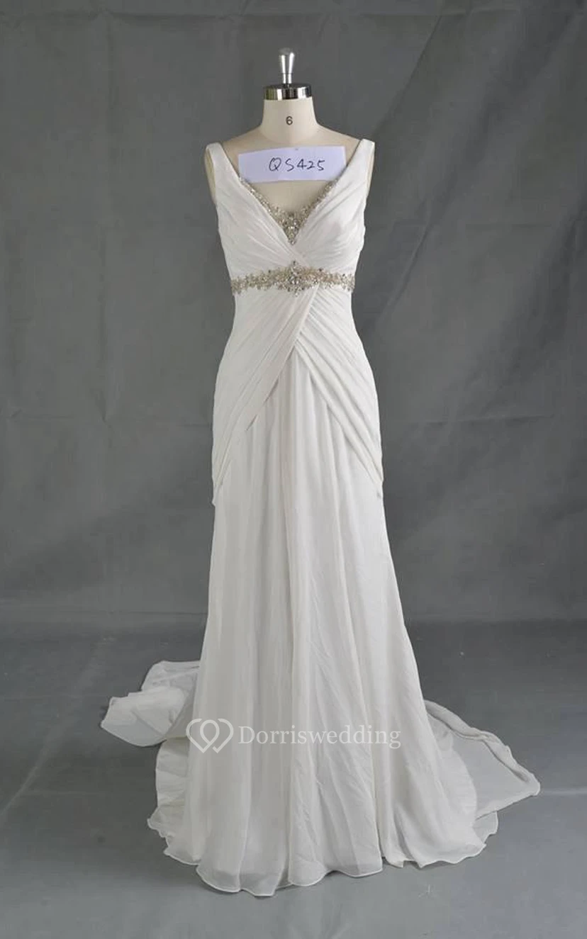 Robe trapèze plissée en mousseline sans manches à col en V ornée de cristaux view 4