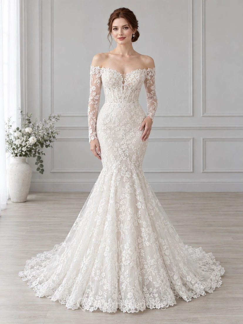 Romantisches, figurbetontes Brautkleid mit langen Ärmeln, schulterfreiem Meerjungfrauen-Stil, floraler Spitze und bodenlangem Schnitt