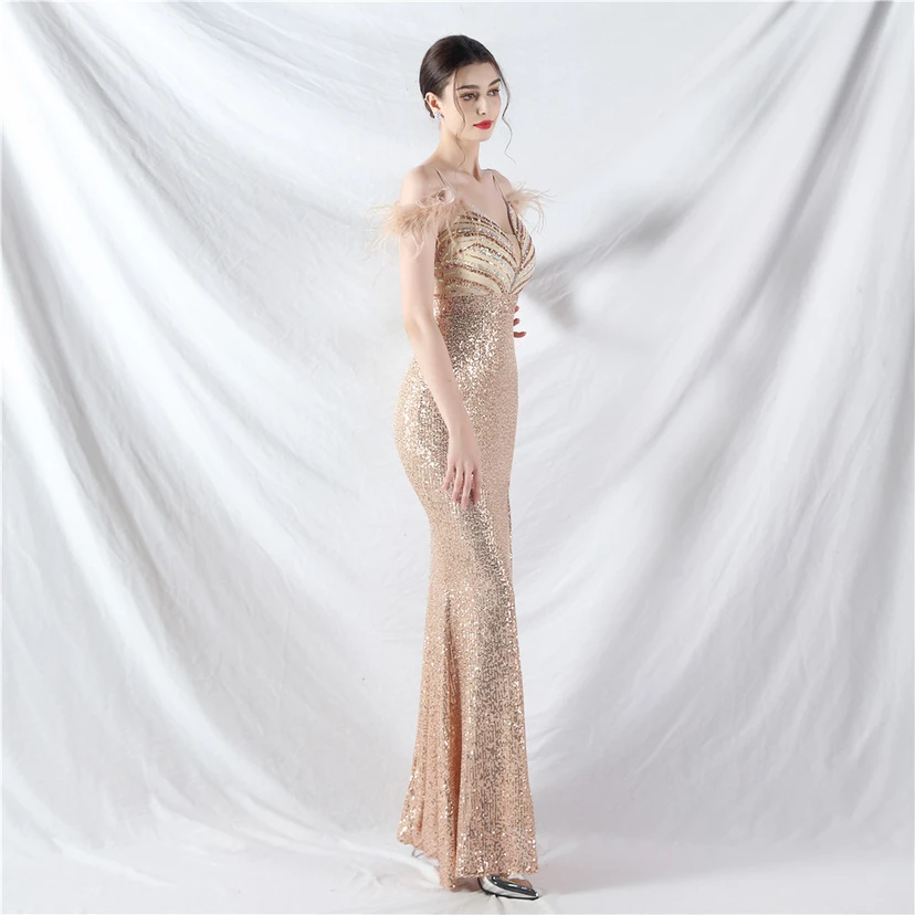 Elegantes Abendkleid mit Straußenfedern und Perlen, sexy, lang, mit Trägern und Schlitz view 14
