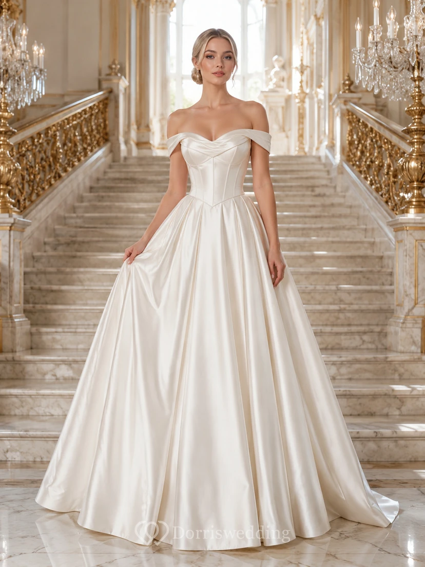 Off Shoulder Satin Pleated Cathedral Ball Gown Wedding Dress