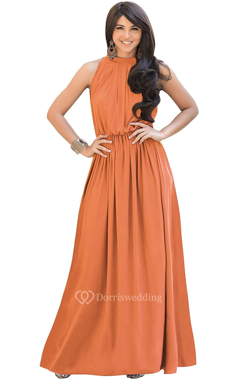 Einfaches Chiffon-Abendkleid in A-Linie mit Neckholder und Raffungen, hohem Kragen und Neckholder view 22