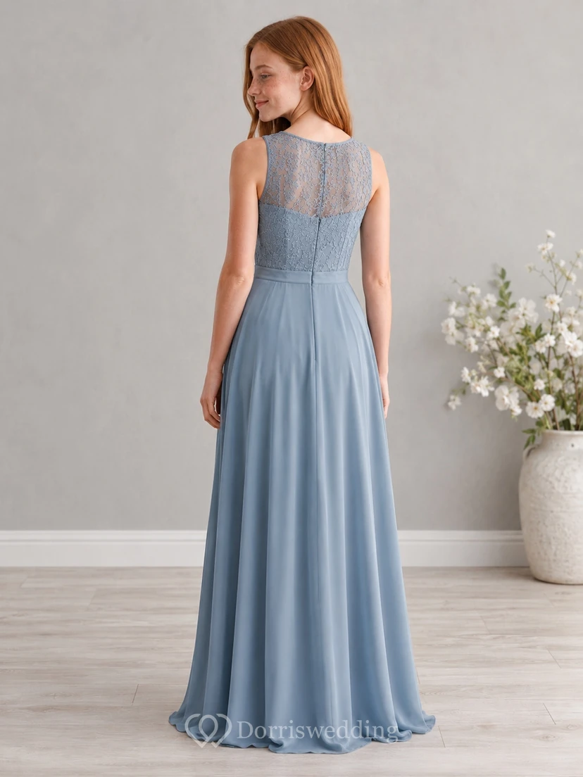 Stahlblaues Brautjungfernkleid für junge Damen, A-Linie, hoher Kragen, ärmellos, Spitze, romantisch view 2