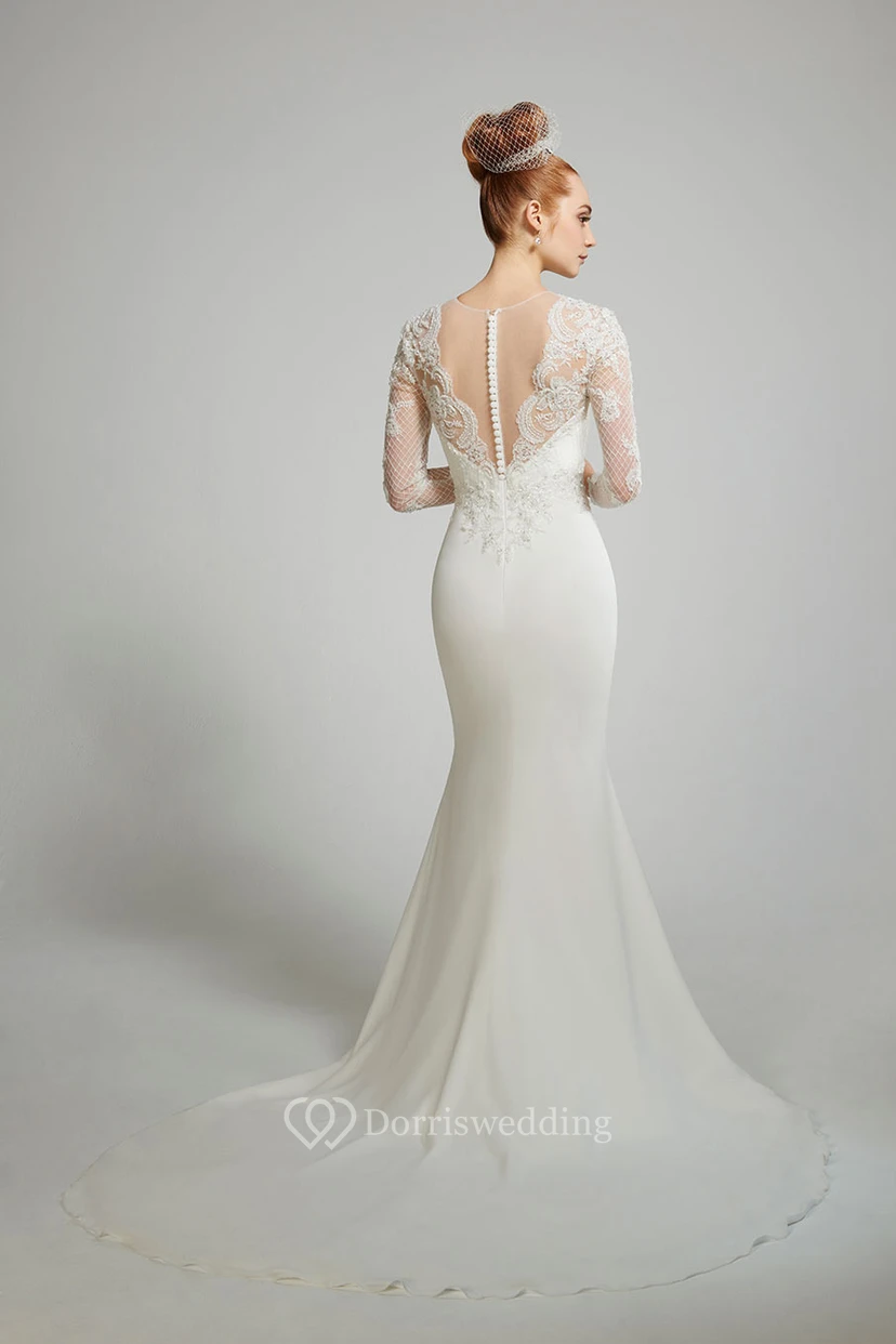 Sheath Long-Sleeve Scoop-Neck Floor-Length Chiffon Wedding Dress With Appliques And Illusion view 2