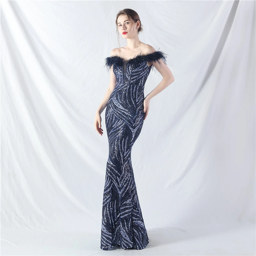 Robe de soirée haut de gamme à sequins, ornée d'un gilet à taille en arêtes de poisson et de plumes d'autruche. view 10