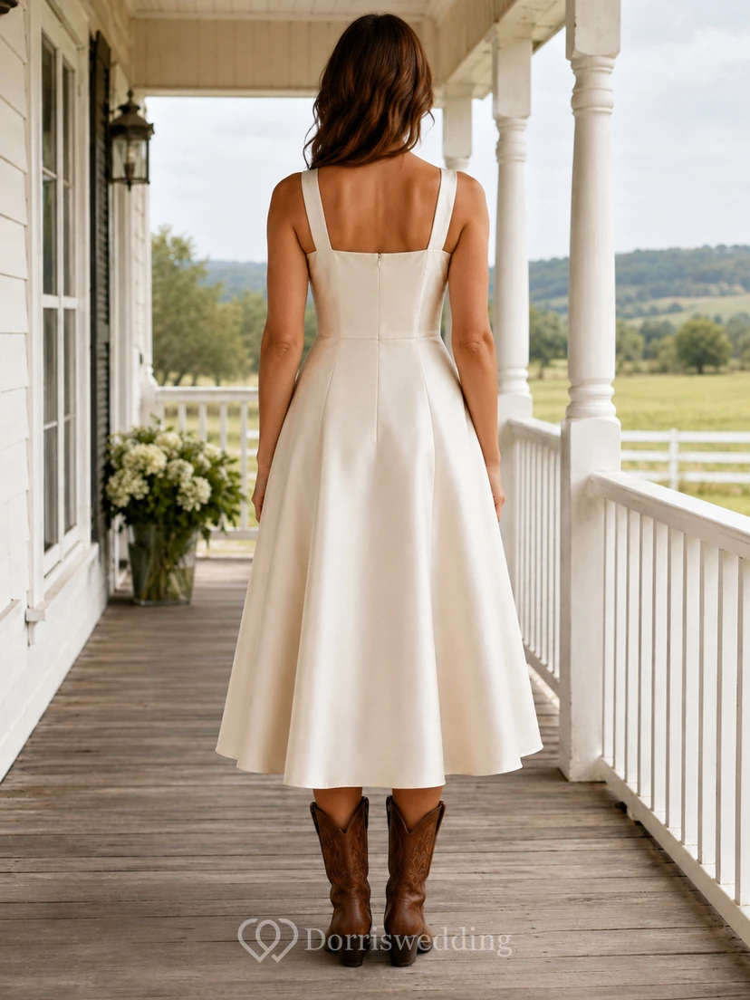 Simple Satin Tea-Length A-Line Square Neck Wedding Dress Modern Casual view 2