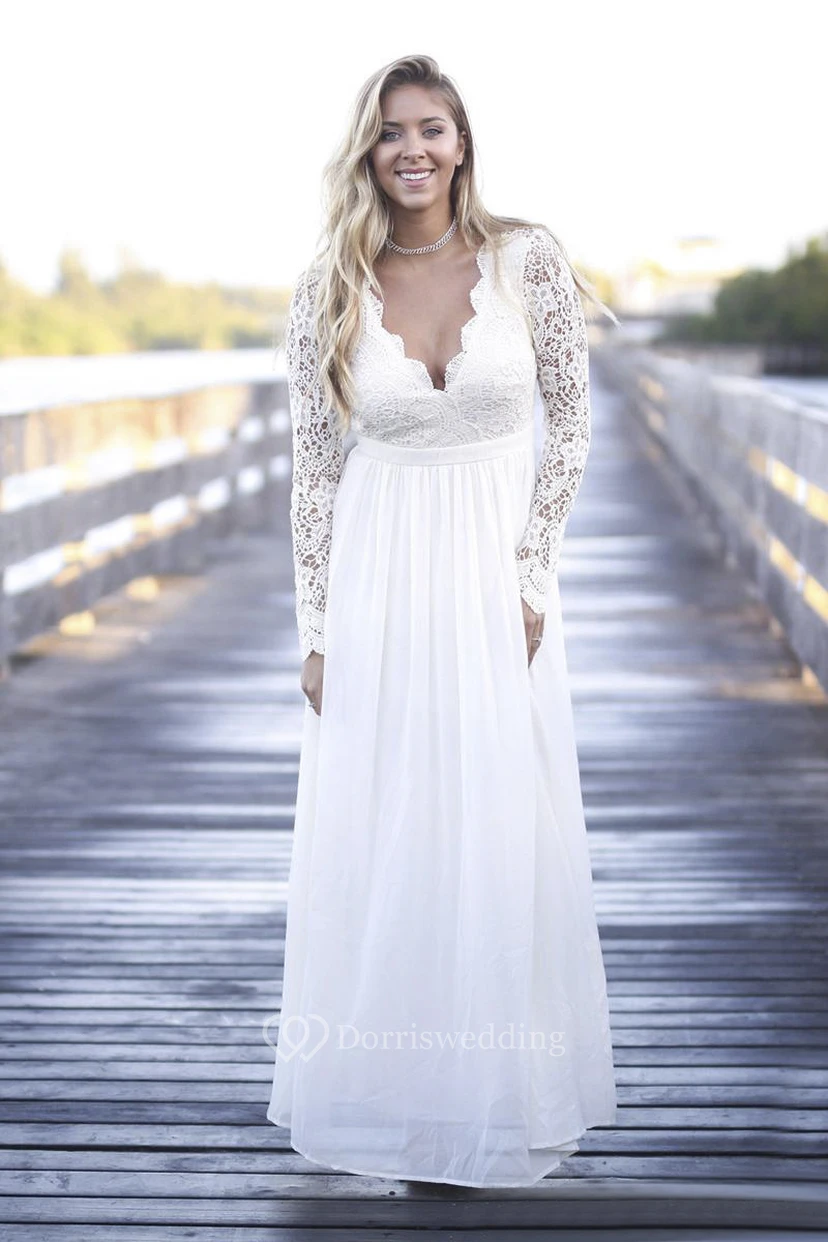Simple Boho Illusion Lace Long Sleeve Jewel Tulle Dress With Open Back view 2
