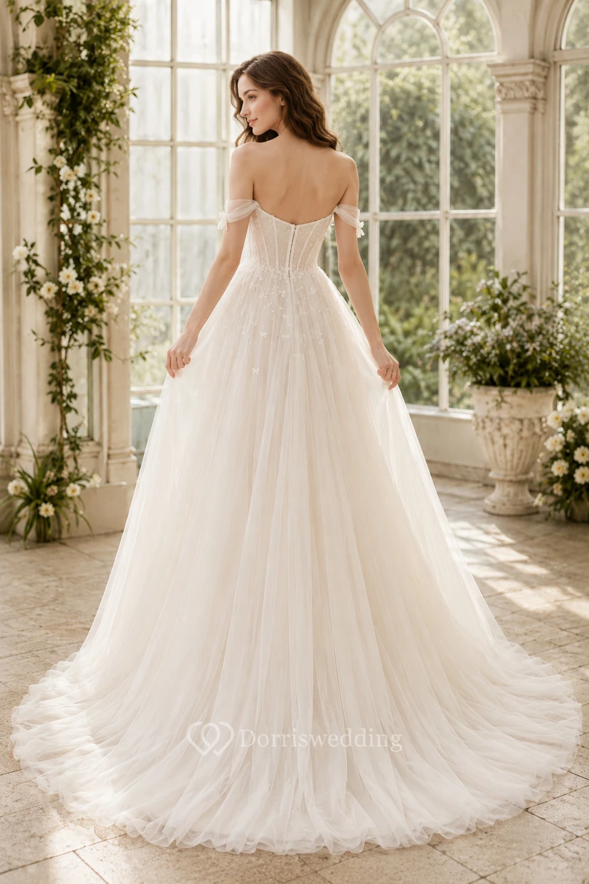 Off Shoulder Tulle A-Line Wedding Dress with Corset Bodice view 2
