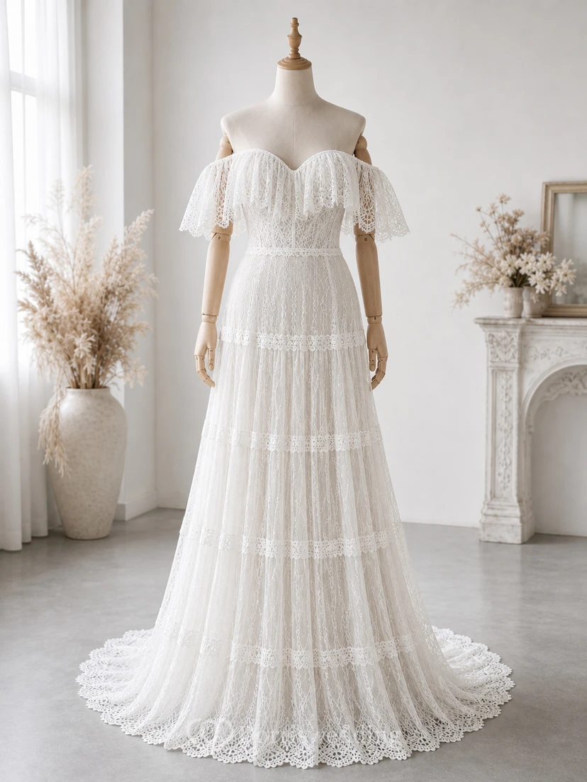 Boho Off-the-Shoulder Lace Vintage Wedding Dress with Layered Skirt view 9