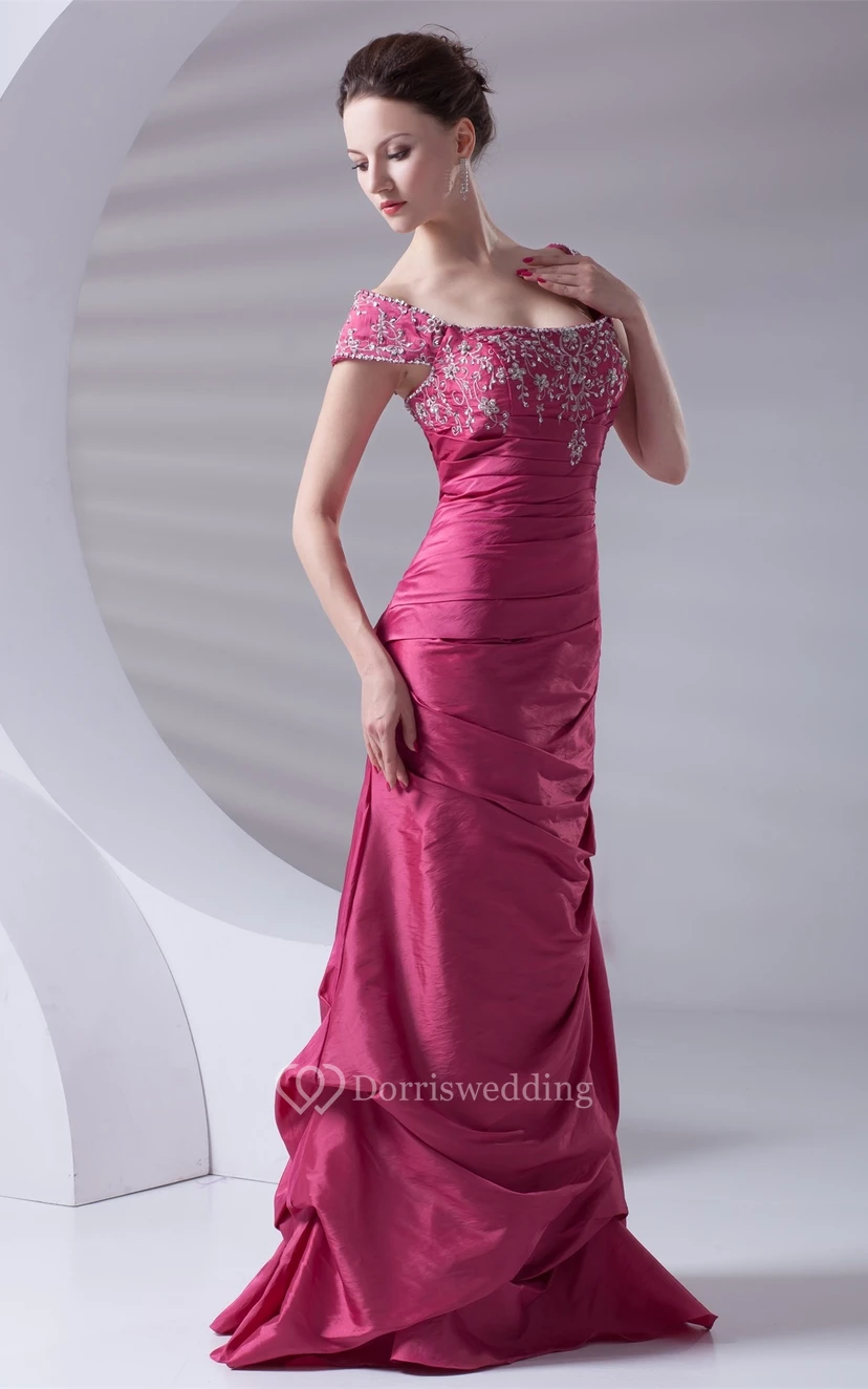 Caped-Sleeve Pick-Up A-Line Taffeta Gown With Embroideries view 4