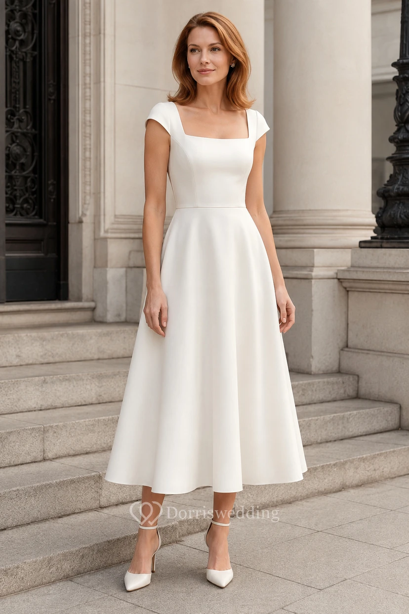 Robe de mariée mi-longue à col carré et manches courtes