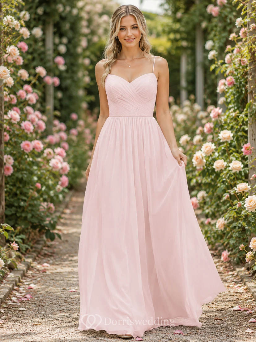 Pink Sweetheart Spaghetti Strap Chiffon Garden Bridesmaid Gown