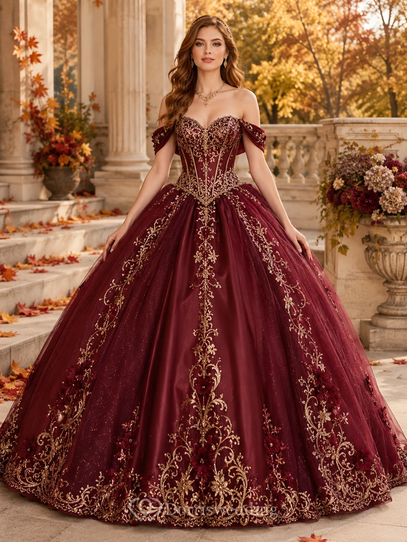 Robe de bal de princesse bordeaux à épaules dénudées et en dentelle brodée or pour quinceañera