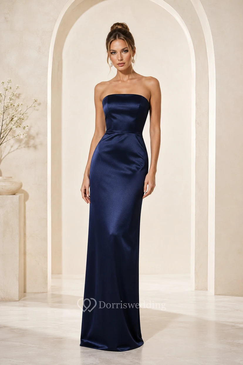 Dark Navy Strapless Satin Sheath Formal Dress