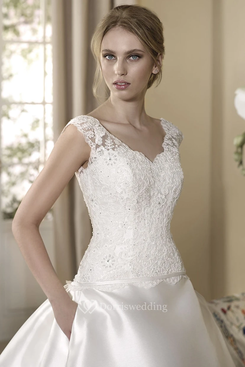 Ball Gown Sleeveless V-Neck Floor-Length Appliqued Satin Wedding Dress view 3
