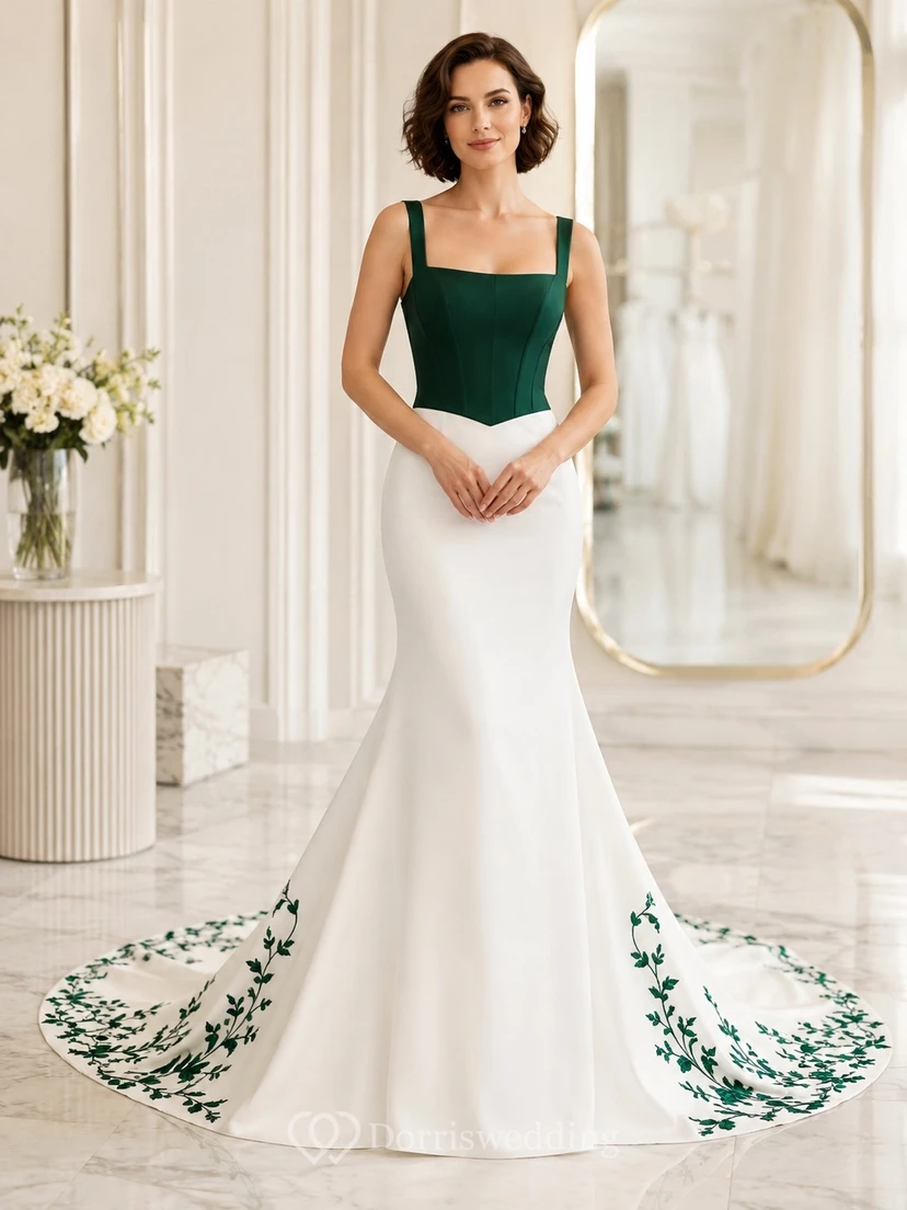 Emerald Embroidered Bridal Sheath Square Sleeveless Sweep Train Modern Elegant Gown