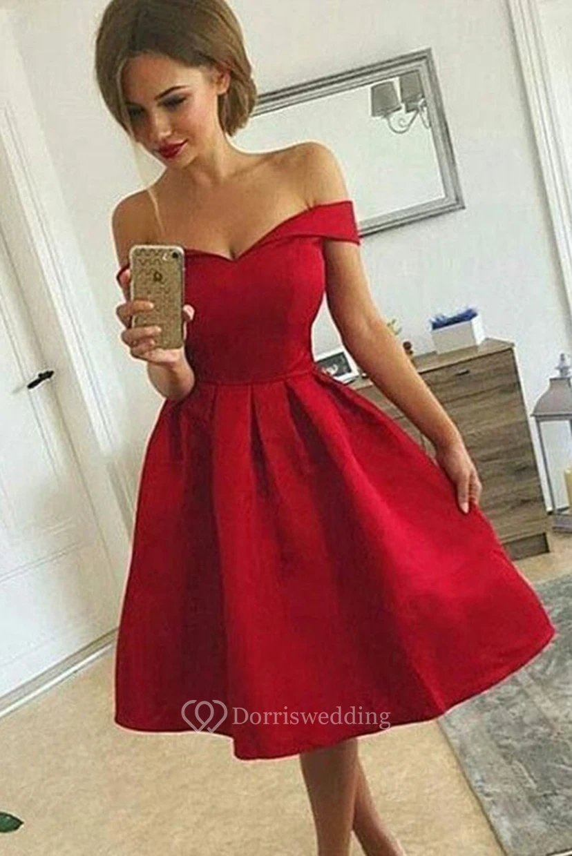 Ärmelloses A-Linien-Kleid aus Satin mit Carmen-Ausschnitt, Reißverschluss und Teelänge