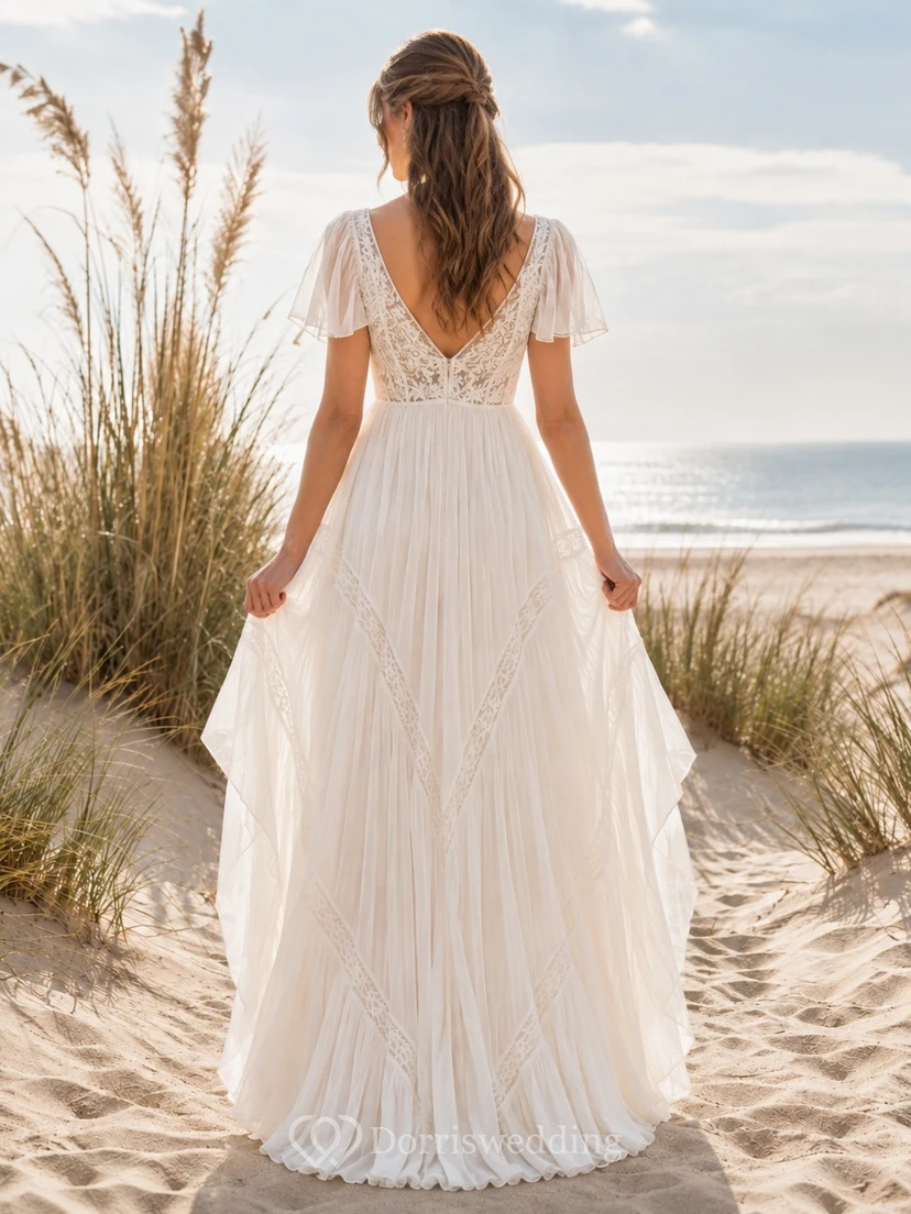 V-Neck Short Sleeve Lace A-Line Floor-length Sweep Train Bohemian Bridal Dress view 2