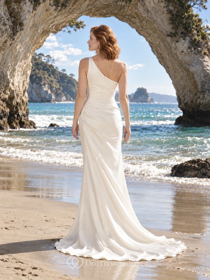 Schlichtes, einseitig schulterfreies, drapiertes Etuikleid aus Satin für die Strandhochzeit view 2