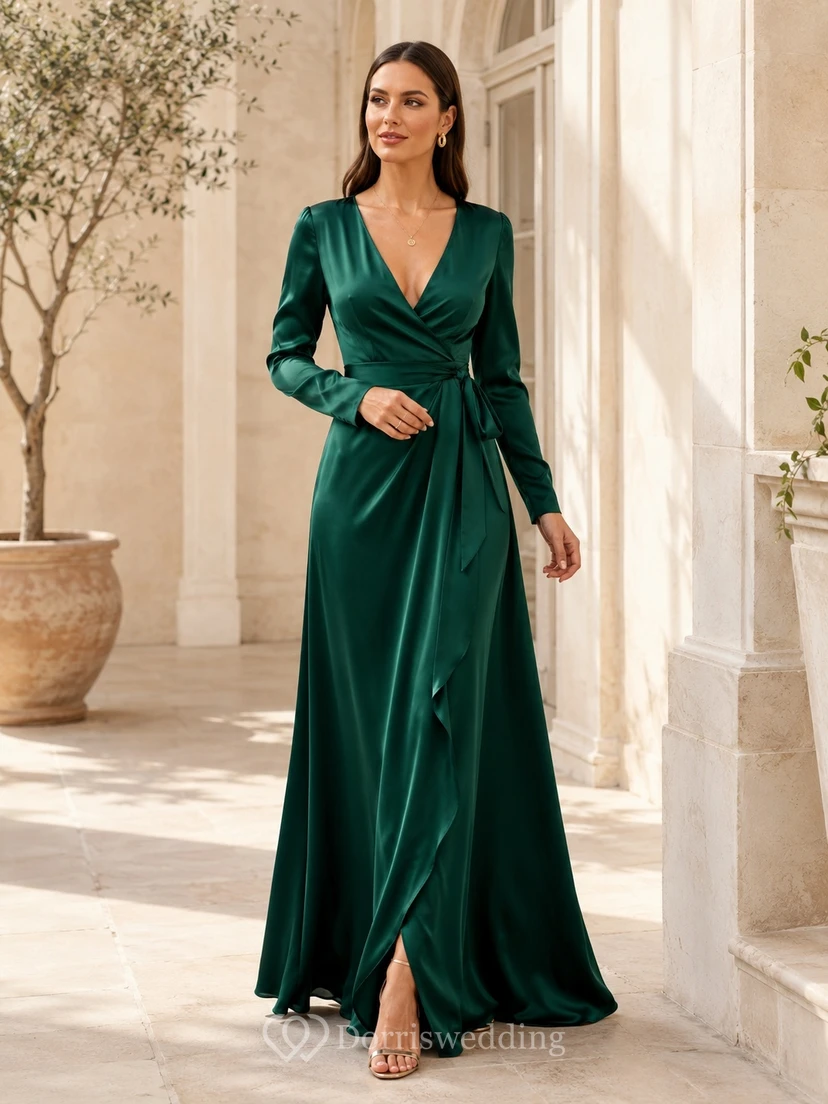 Robe de soirée sobre en satin vert foncé, col en V, manches longues, coupe trapèze, longueur au sol